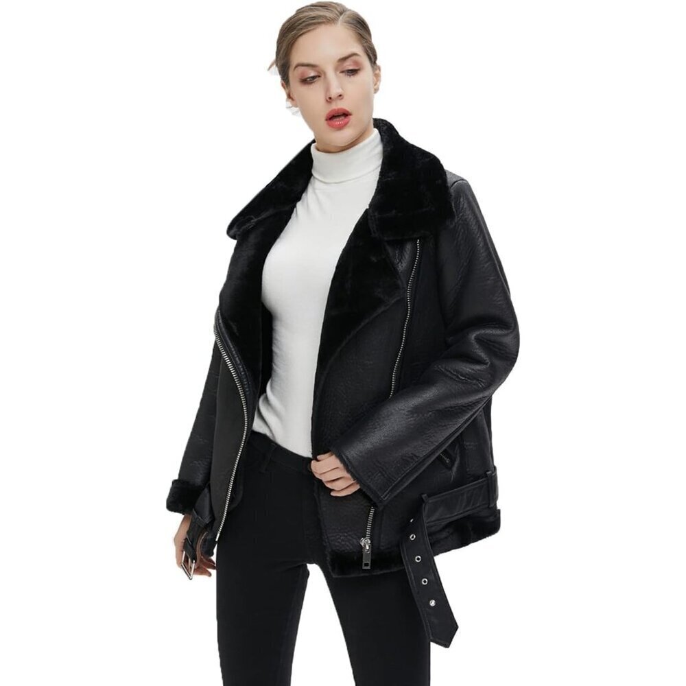 🆕Women Black Faux Shearling Moto Jacket Thick Lined Winter Leather Coat Parka - Picture 4 of 7